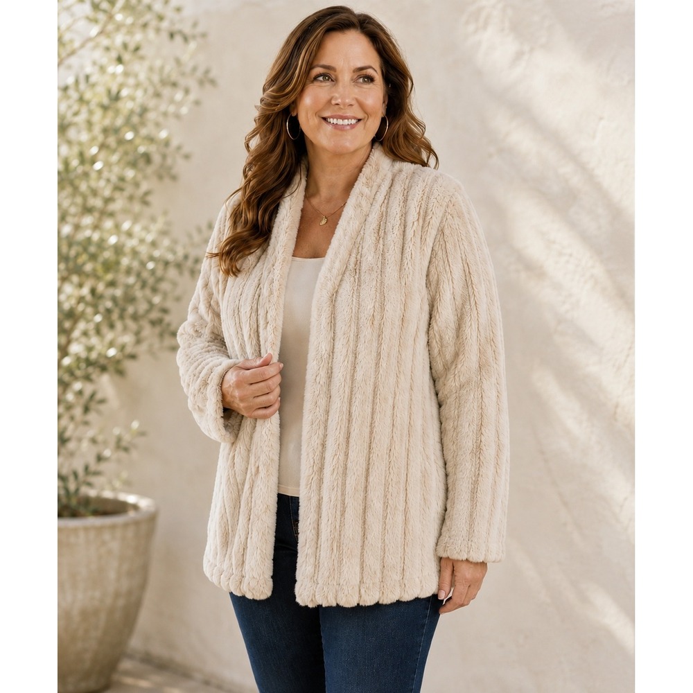 Slinky Brand Faux Fur Jacket Womens 2X Beige Ribbed Open Front Cardigan 9250-R18